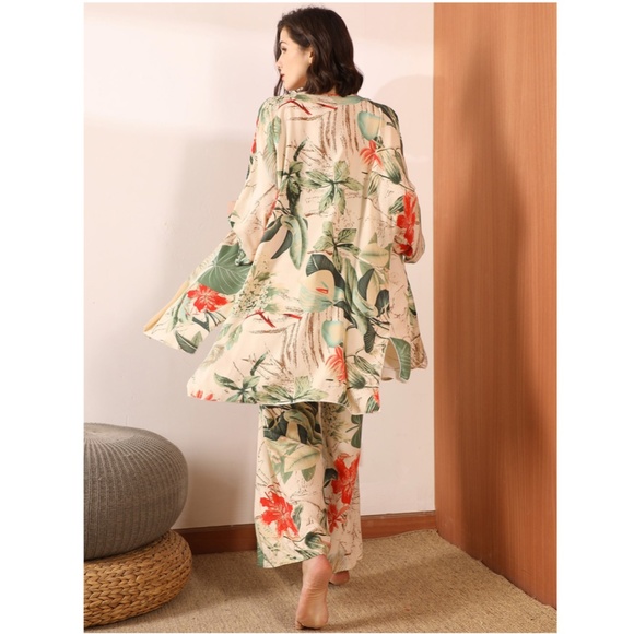 3 Piece Beige Green Floral Print Pajama Set - Picture 3 of 8